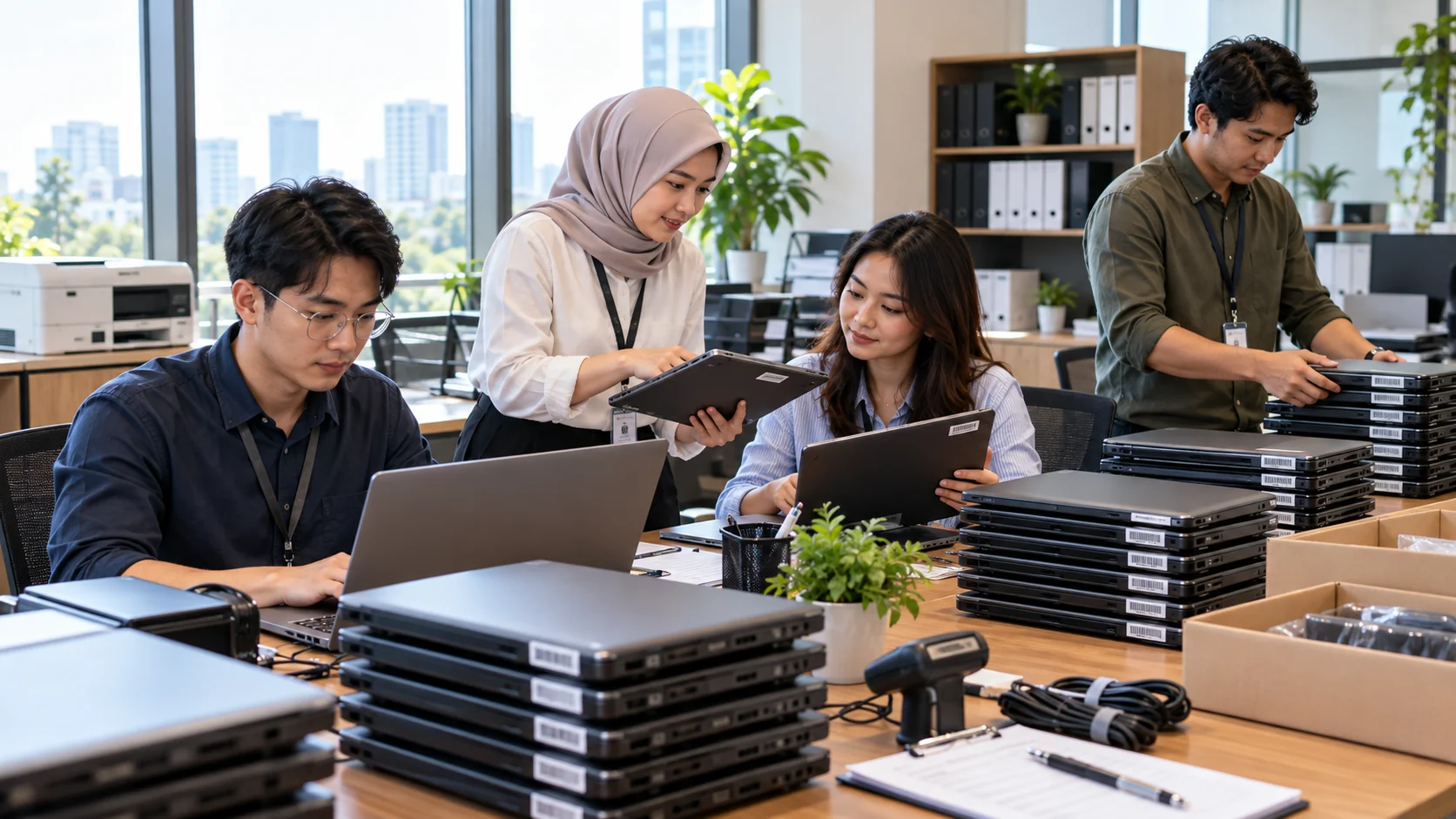 Pemrosesan inventaris laptop borongan skala besar dengan barcode scanner dan tumpukan unit