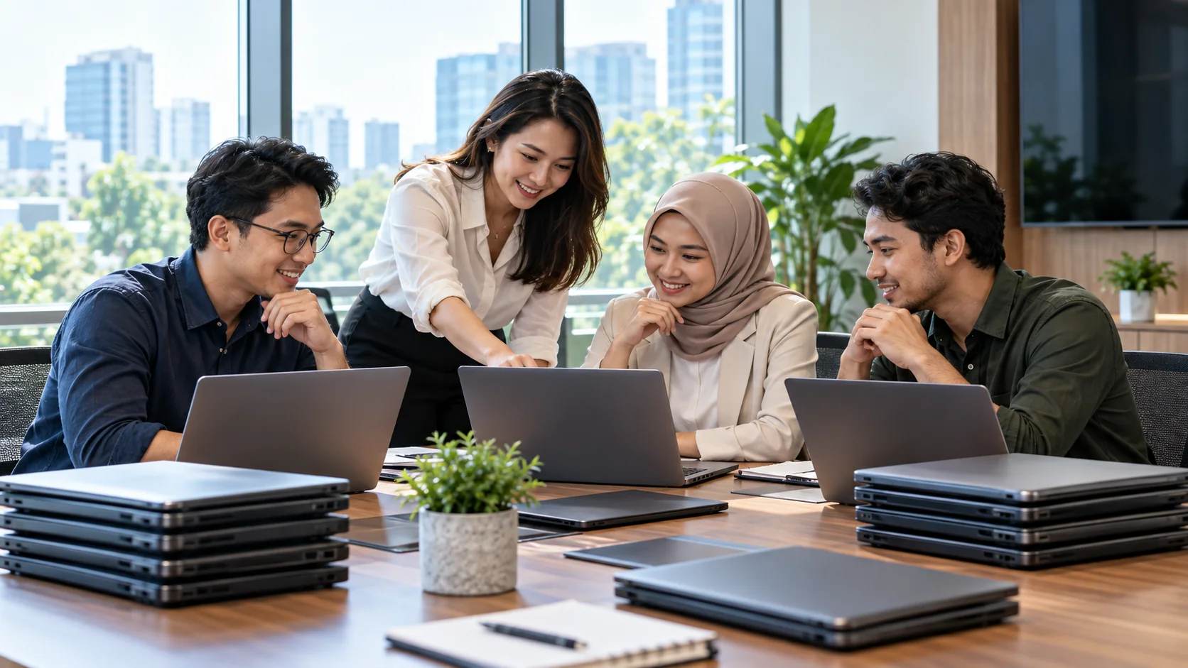 Tim profesional kantor mengevaluasi tumpukan laptop bekas di meja kerja