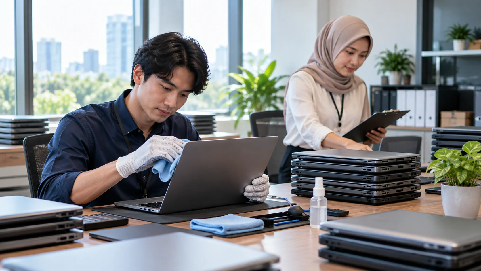 Staf teknisi dengan sarung tangan memeriksa dan membersihkan laptop secara mendalam