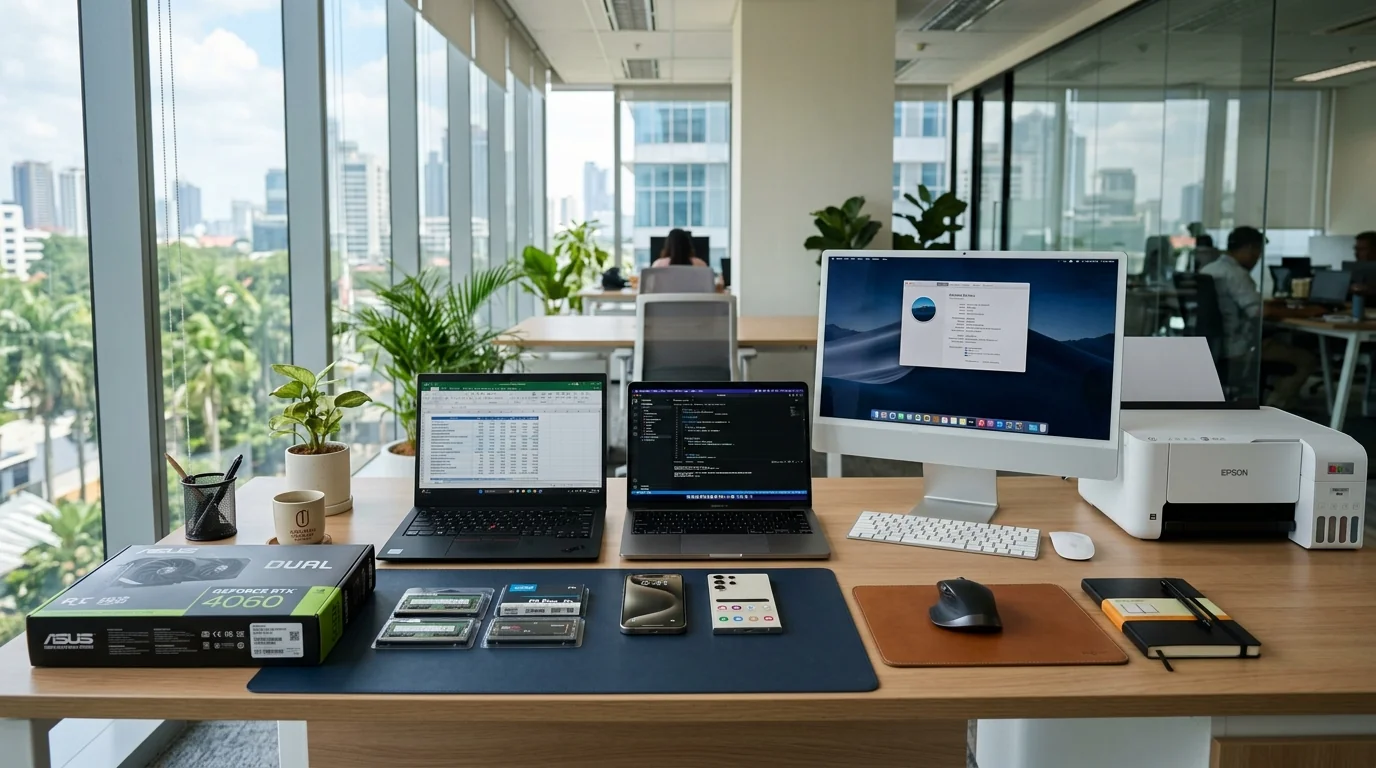 Komposisi perangkat IT profesional yang dievaluasi: MacBook, iMac, ThinkPad, iPhone, flagship Android, SSD, RAM DDR4/DDR5, RTX GPU, dan printer Epson