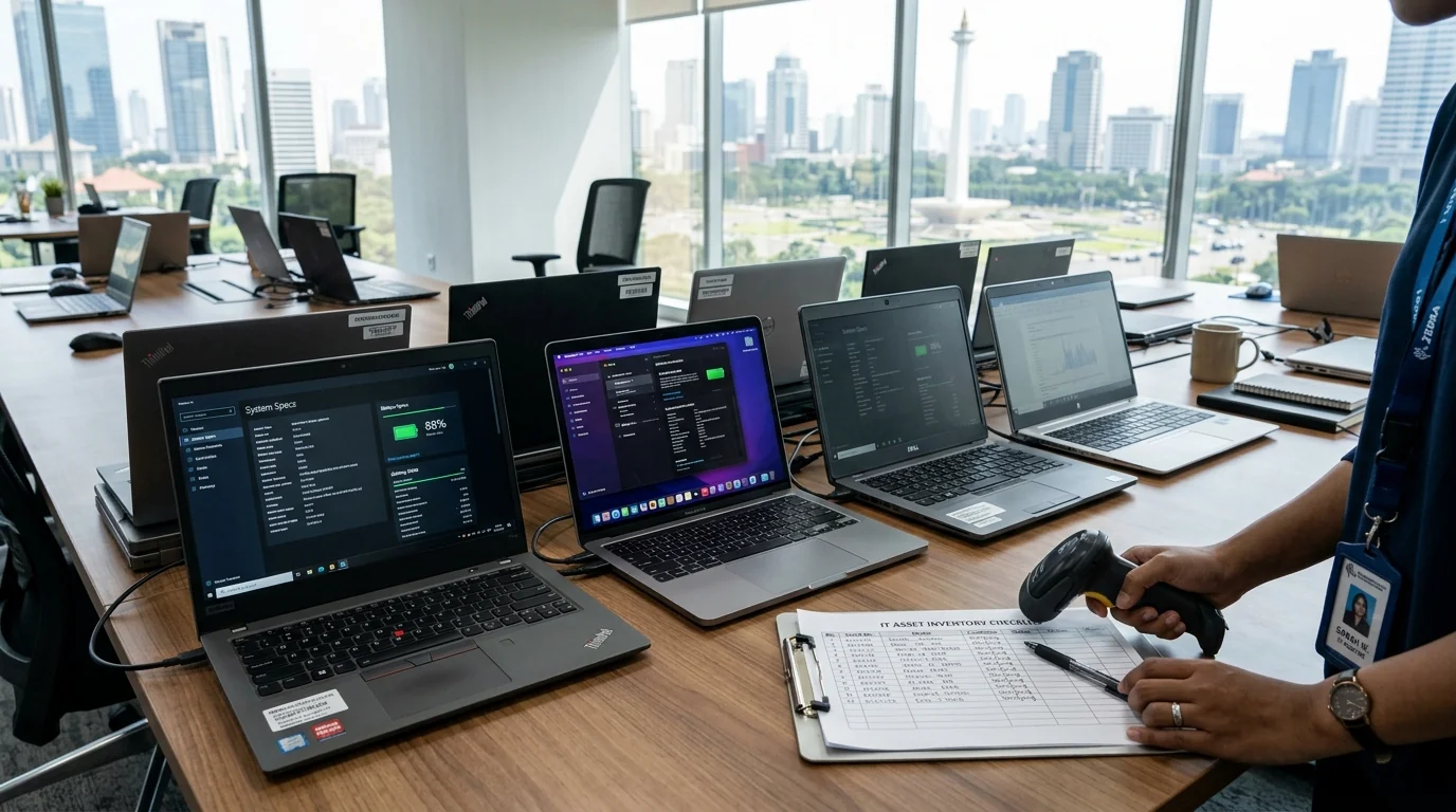 Proses audit dan checklist evaluasi inventaris laptop borongan kantor di Jakarta